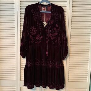 Johnny Was NWT Size Large Eggplant color embroidered long sleeve Velvet dress